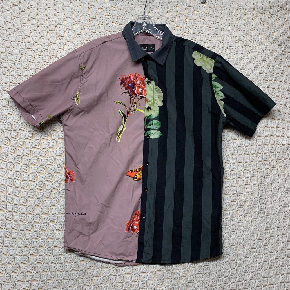 Public Record Shirt Mens‎ M Stripped Floral Hawaiian Button Up Short Sleeve
